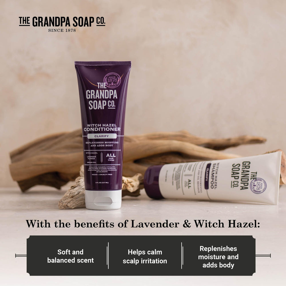 The Grandpa Soap Company clarifying witch hazel conditioner packaging close-up, recyclable container