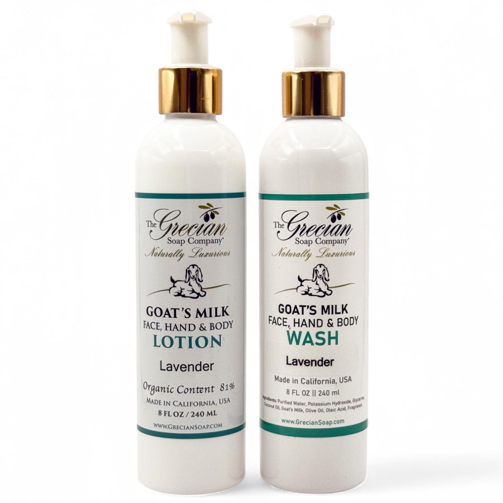 The Grecian Soap Company goat milk lotion pump bottle provides lightweight hydration with lavender scent.