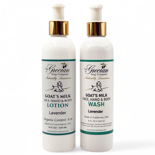 The Grecian Soap Company goat milk lotion pump bottle provides lightweight hydration with lavender scent.