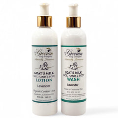 The Grecian Soap Company goat milk lotion pump bottle provides lightweight hydration with lavender scent.