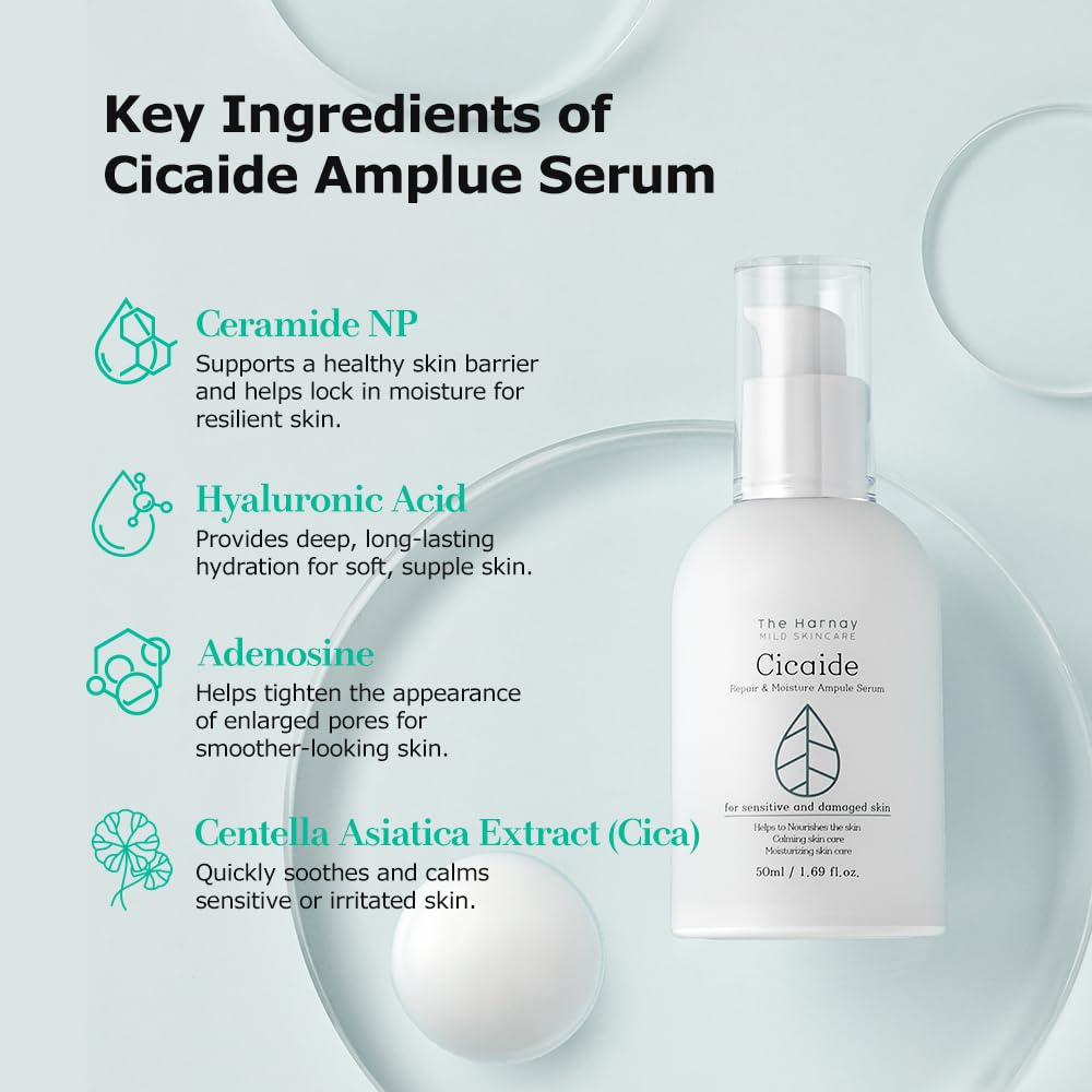 The Harnay Cicaide Ampoule centella closeup references soothing plant-based care