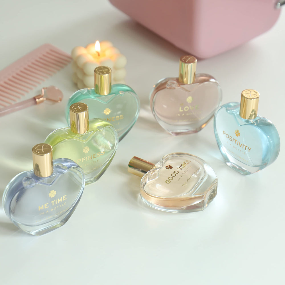 The Heart Company Valentine's Love 75ml bottle sits gracefully on a vanity.