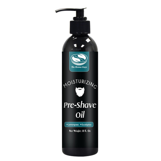The Henna Guys pre-shave oil bottle with lemongrass and eucalyptus for a smoother shave