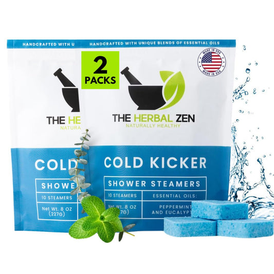 The Herbal Zen Cold Kicker shower steamer pack—peppermint aroma for a refreshing shower experience.