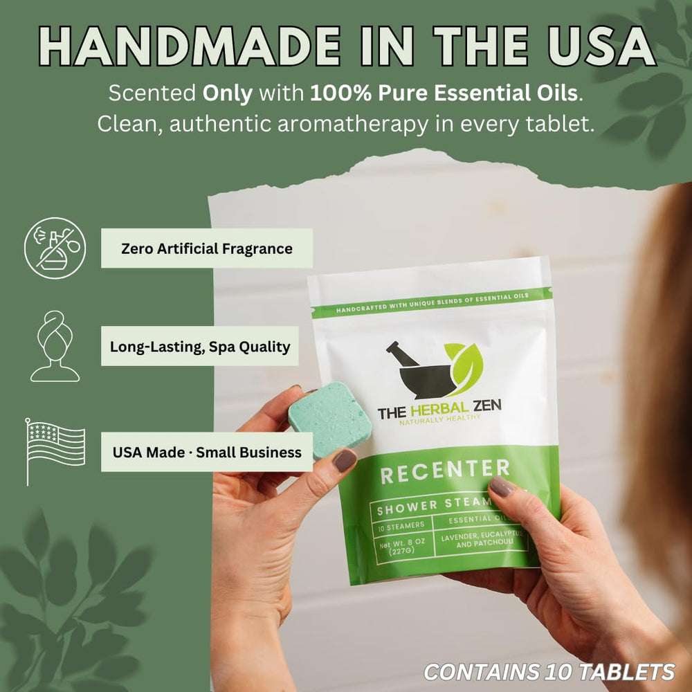 The Herbal Zen Recenter USA-made badge on packaging, handcrafted in small batches