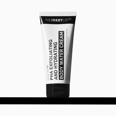 The INKEY List PHA Body Water Cream bottle close-up showing exfoliation and hydration benefits.