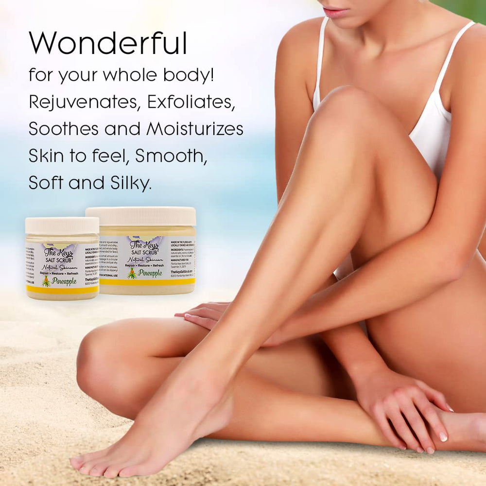 The Keys Salt Scrub bikini-area use highlights gentle exfoliation for sensitive zones