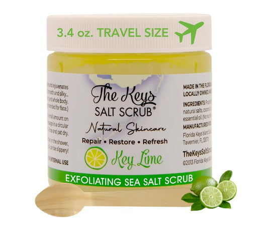 The Keys Salt Scrub jar front shows natural sea salt for smoothing and glow.
