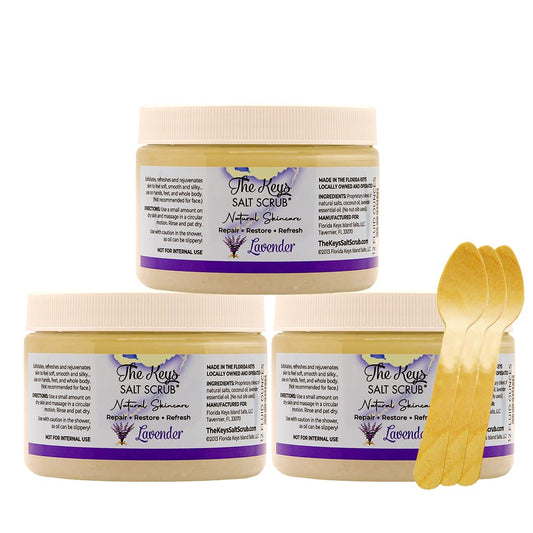 The Keys Salt Scrub sea salt exfoliation bottle features Florida Keys ingredients for smoother skin.