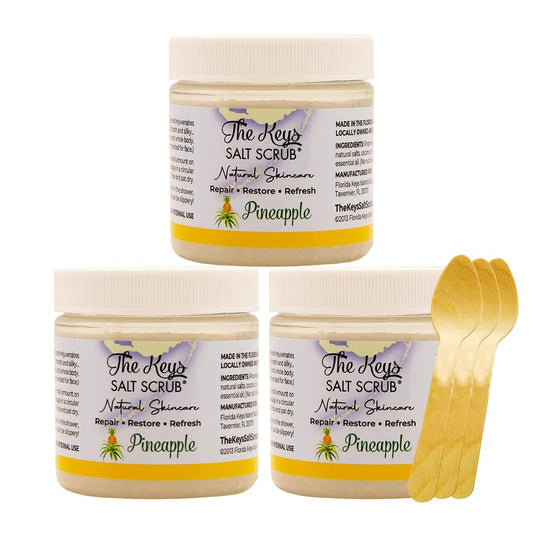The Keys Salt Scrub sea salt scrub bottle showing packaging and product in use for smooth skin routine
