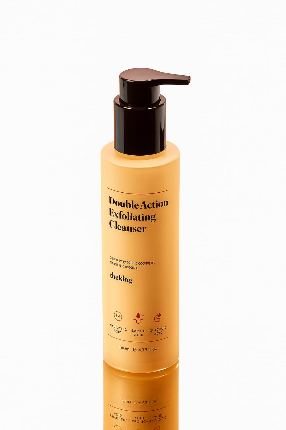 The Klog Double Action Exfoliating Cleanser bottle shows a vegan, cruelty-free exfoliation option.