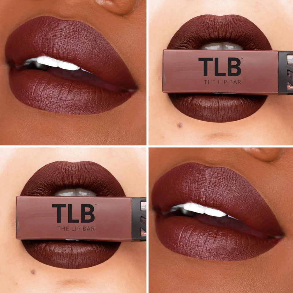 The Lip Bar Nonstop Liquid Matte Low Key swatch with bold color