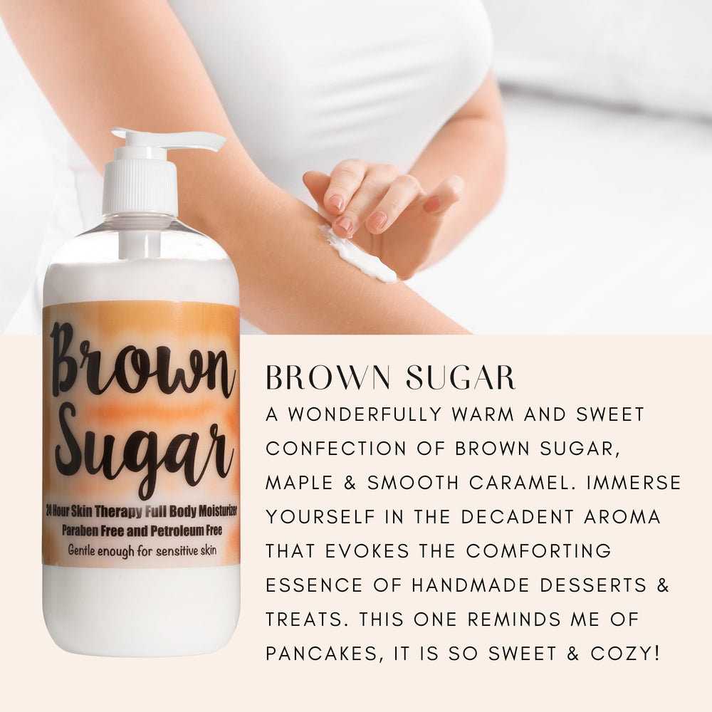 The Lotion Company label close-up—paraben-free formula with comforting Brown Sugar Gourmand scent.