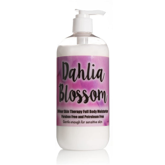 The Lotion Company Dahlia Blossom lotion bottle front demonstrates elegant floral packaging for all-day hydration