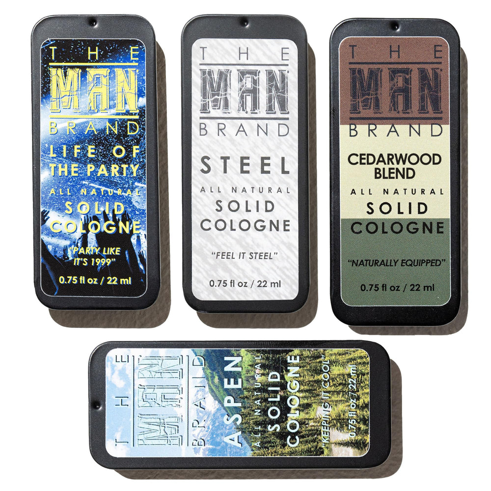 The Man Brand Aspen Solid Perfume tin, compact travel-friendly for quick scent touch-ups.