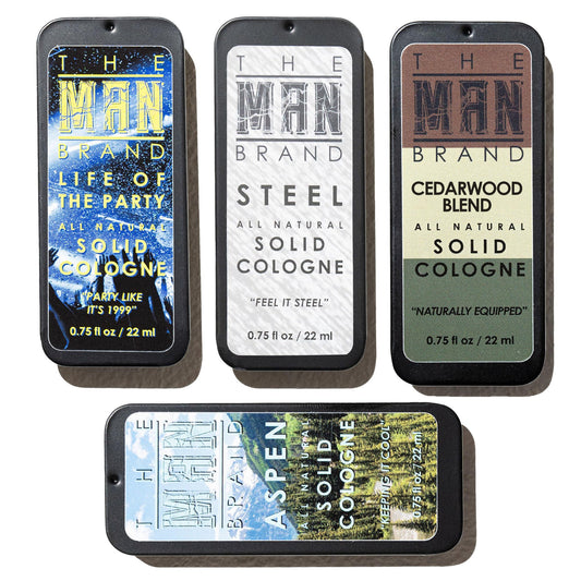 The Man Brand Aspen Solid Perfume tin, compact travel-friendly for quick scent touch-ups.