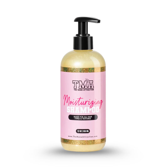 The Mane Attraction moisturizing shampoo bottle shown for gentle daily cleansing.