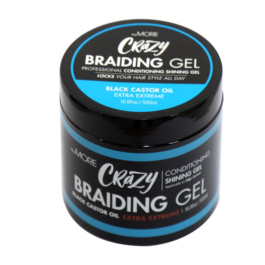 The MORE braiding gel in a clear bottle provides extreme hold for all hair types.