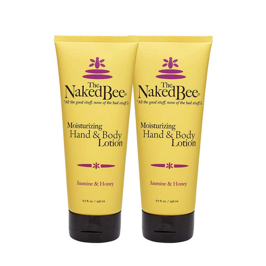 The Naked Bee Jasmine & Honey lotion bottle highlights a hydrating formula for soft skin.