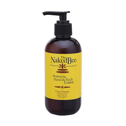 The Naked Bee Nourishing Body Lotion Nag Champa Sandalwood bottle pump shows easy daily moisturization.