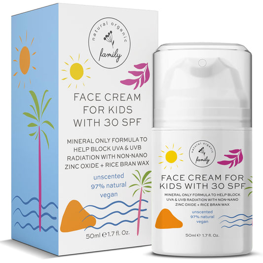 The Natural and Organic Family Kid Face Sunscreen Moisturizer front view shows SPF 30 protection for daily outdoor play.