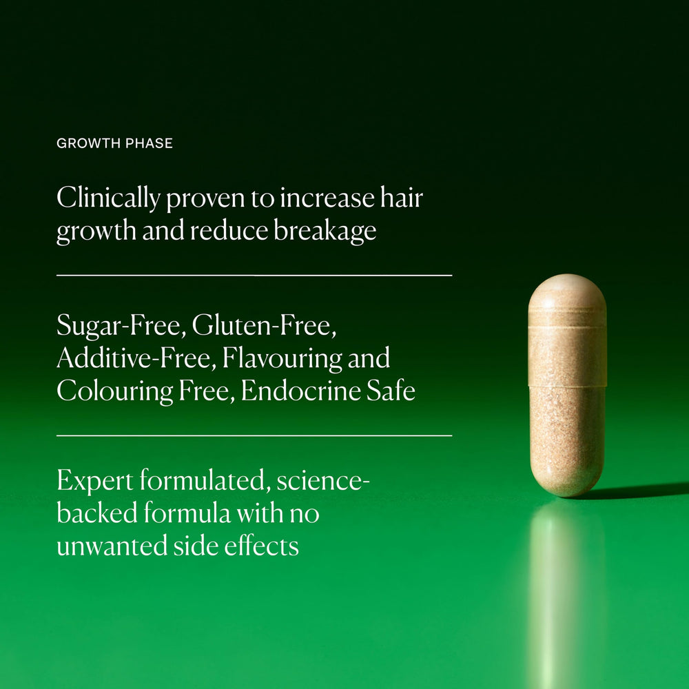 Close-up of Growth Phase capsules indicating vegan hair health support