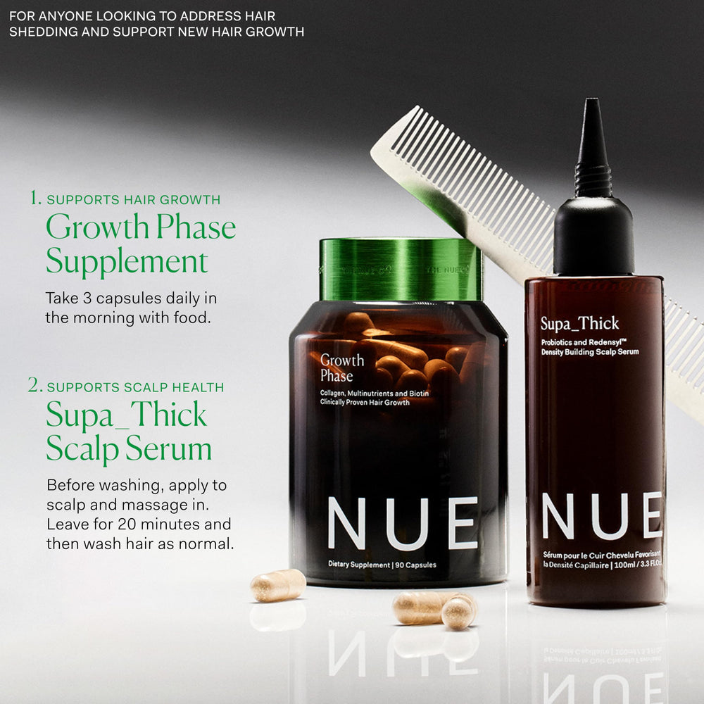 Glass with Growth Phase capsules emphasizing a simple daily routine