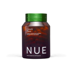 The Nue Co Growth Phase bottle on a vanity suggesting a fuller-looking hair routine