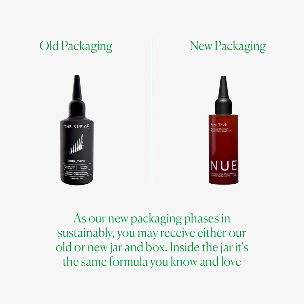 The Nue Co Supa Thick Hair Serum ingredients panel with larixwood camellia rosemary clary sage.