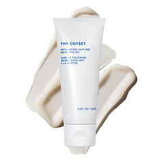 The Outset exfoliating caffeine micro polish bottle shown for gentle exfoliation.