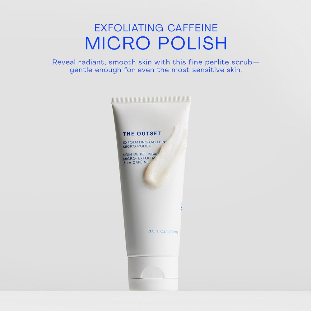 The Outset texture closeup highlights cushiony granules and smooth application.