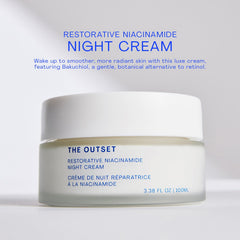 The Outset night cream bottle highlights fragrance-free formula for sensitive skin
