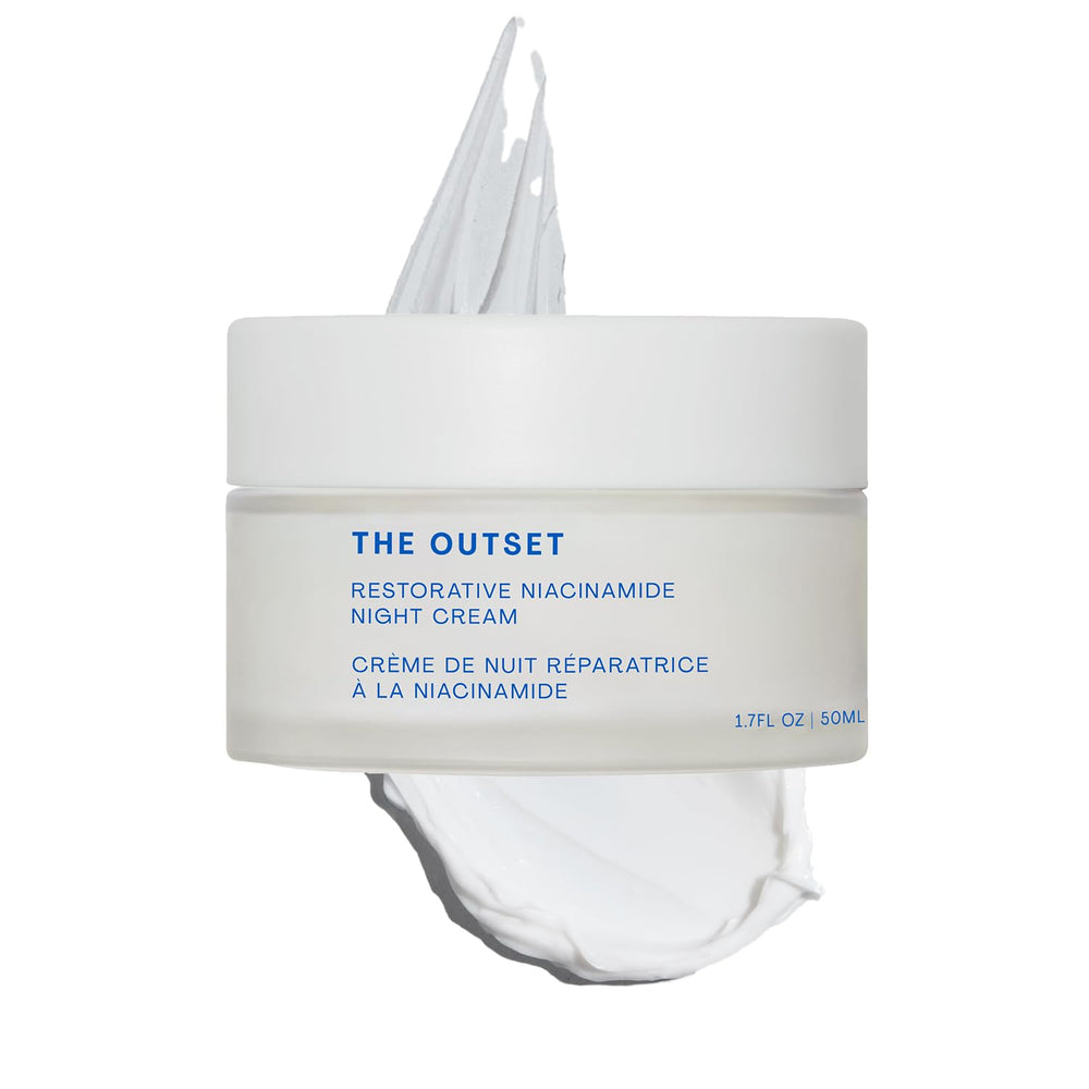 The Outset night cream jar showcases rich texture for overnight hydration