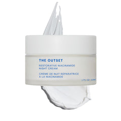 The Outset night cream jar showcases rich texture for overnight hydration
