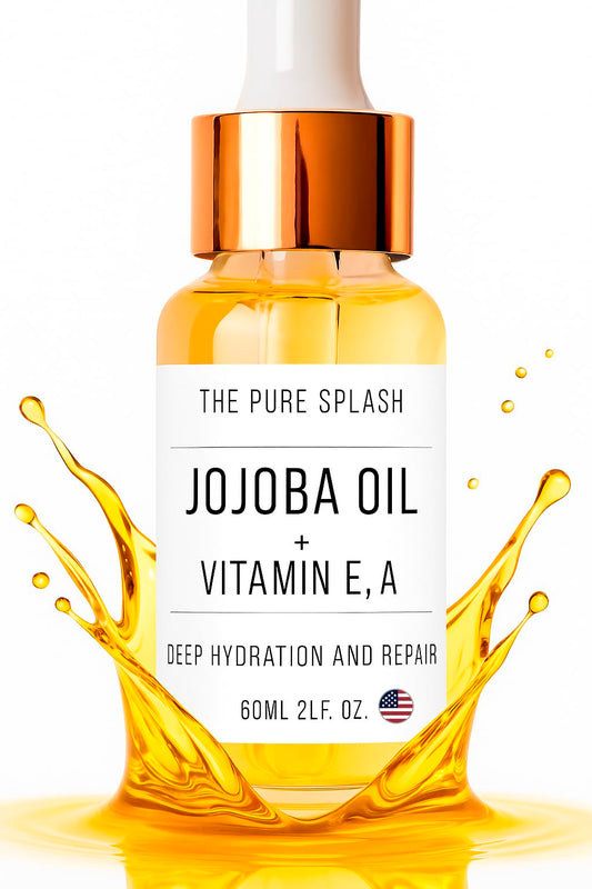 The Pure Splash Jojoba Oil bottle closeup, a lightweight hydrator for daily skin care.