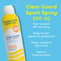 Back label on The Seaweed Bath Co. Clear Guard SPF 40 Sport with ingredients for guidance