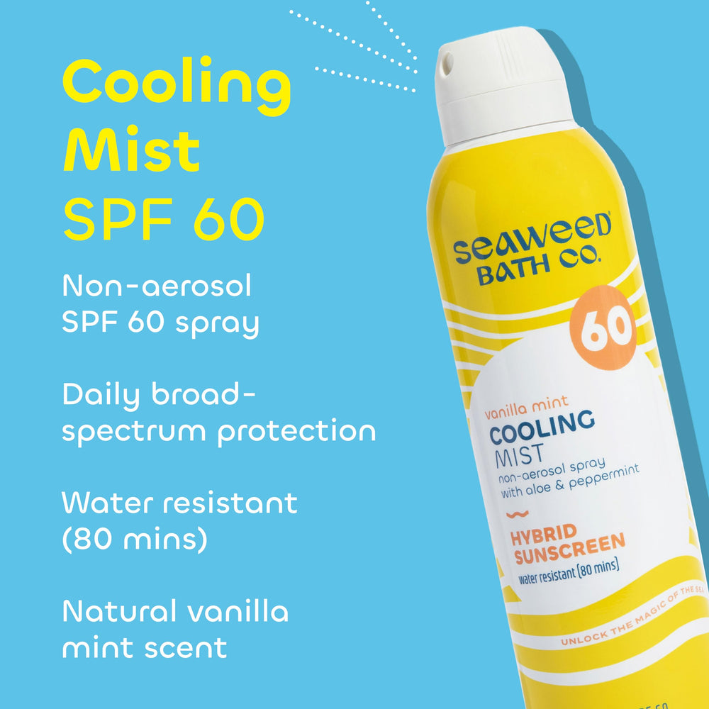 The Seaweed Bath Co. Cooling Mist SPF60 spray demonstrates quick, non-greasy application for outdoor days.