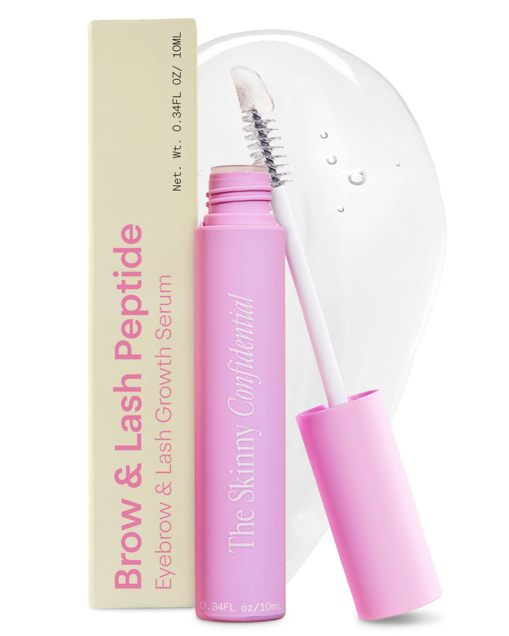 The Skinny Confidential Brow Peptide serum bottle highlighted for refined brows and lash appearance.