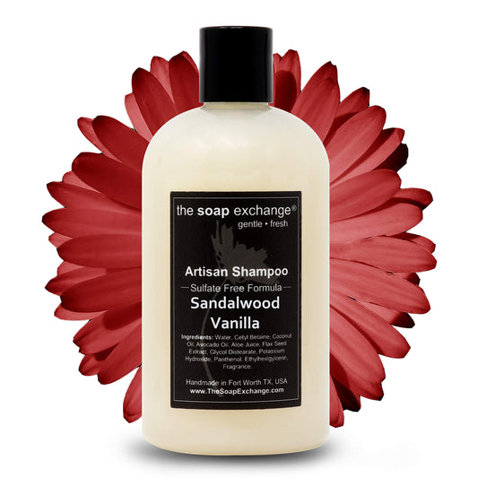 The Soap Exchange Hair Shampoo bottle with sandalwood vanilla aroma for daily cleansing