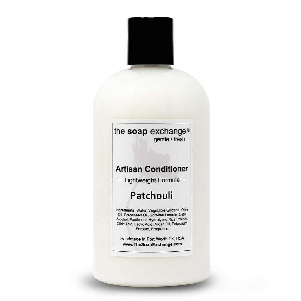The Soap Exchange Patchouli conditioner label close-up highlighting natural ingredients.