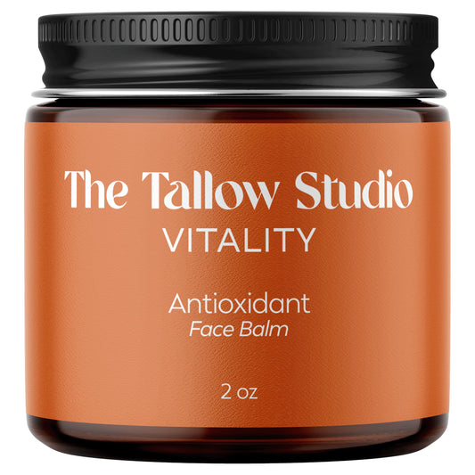 The Tallow Studio antioxidant face balm jar shown with nutrient-rich formula for moisturized skin