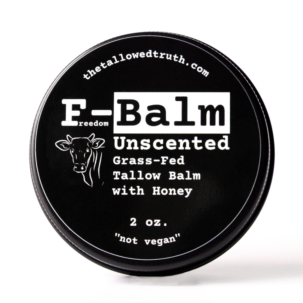 The Tallowed Truth F-Balm bottle close-up highlighting grass-fed tallow nourishment