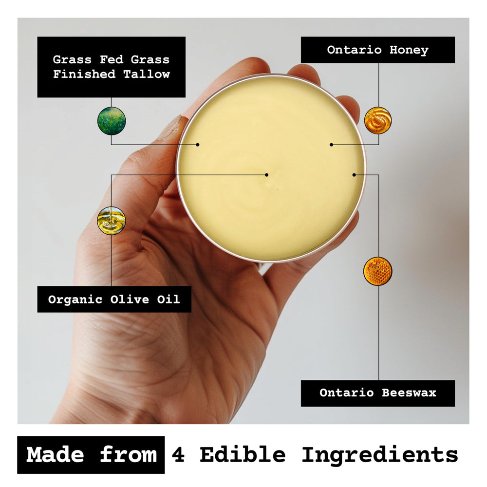Ingredients list showing grass-fed tallow, honey, beeswax, and frankincense