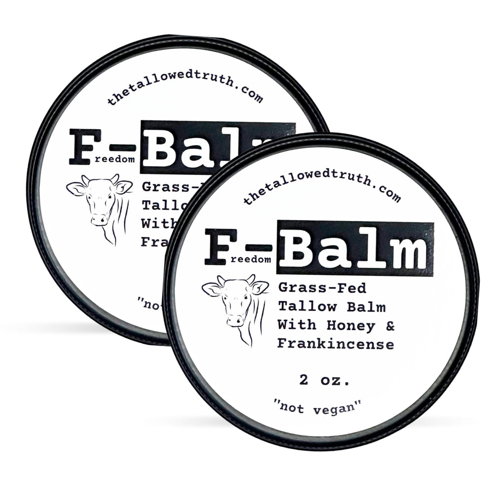 Two-pack 2 oz tins of The Tallowed Truth F-Balm for home and travel.