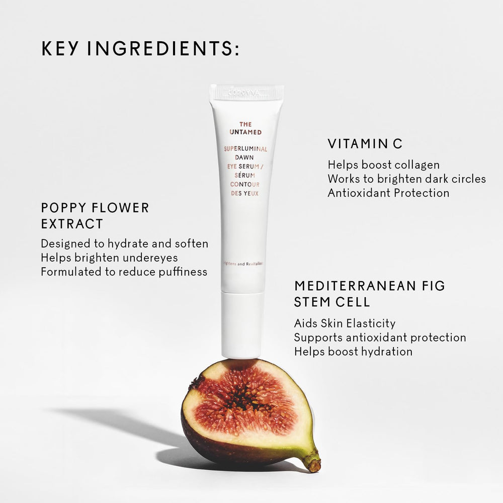 The Untamed ingredients label highlights Fig Stem Cells and Cocoa Seed for elasticity.