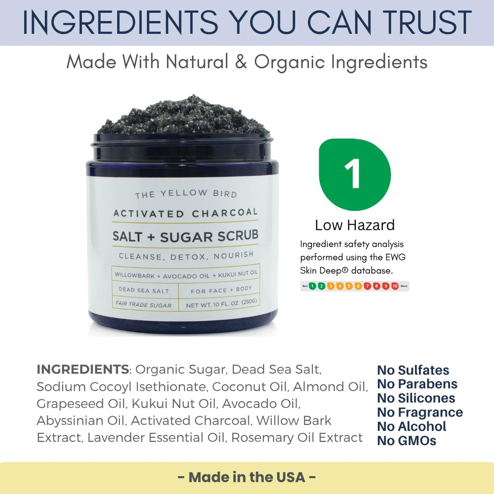 The Yellow Bird activated charcoal scrub with scoop demonstrates easy at-home use.