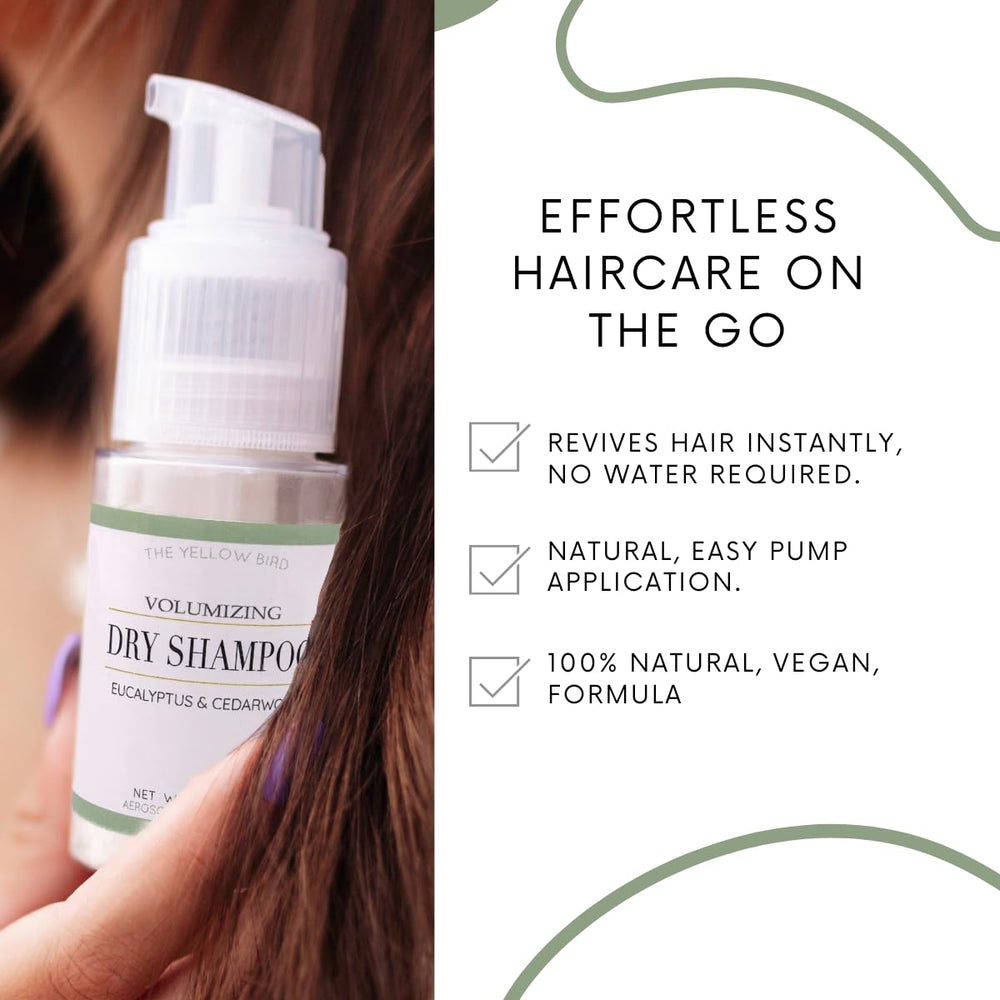 The Yellow Bird powder-dispense dry shampoo delivering mess-free application.