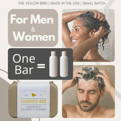 The Yellow Bird solid bar shampoo kaolin-clay buildup-removal for cleaner strands.