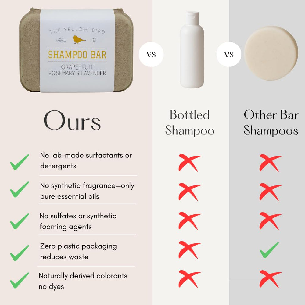 The Yellow Bird solid bar shampoo lavender-aromatherapy for calming hair care.