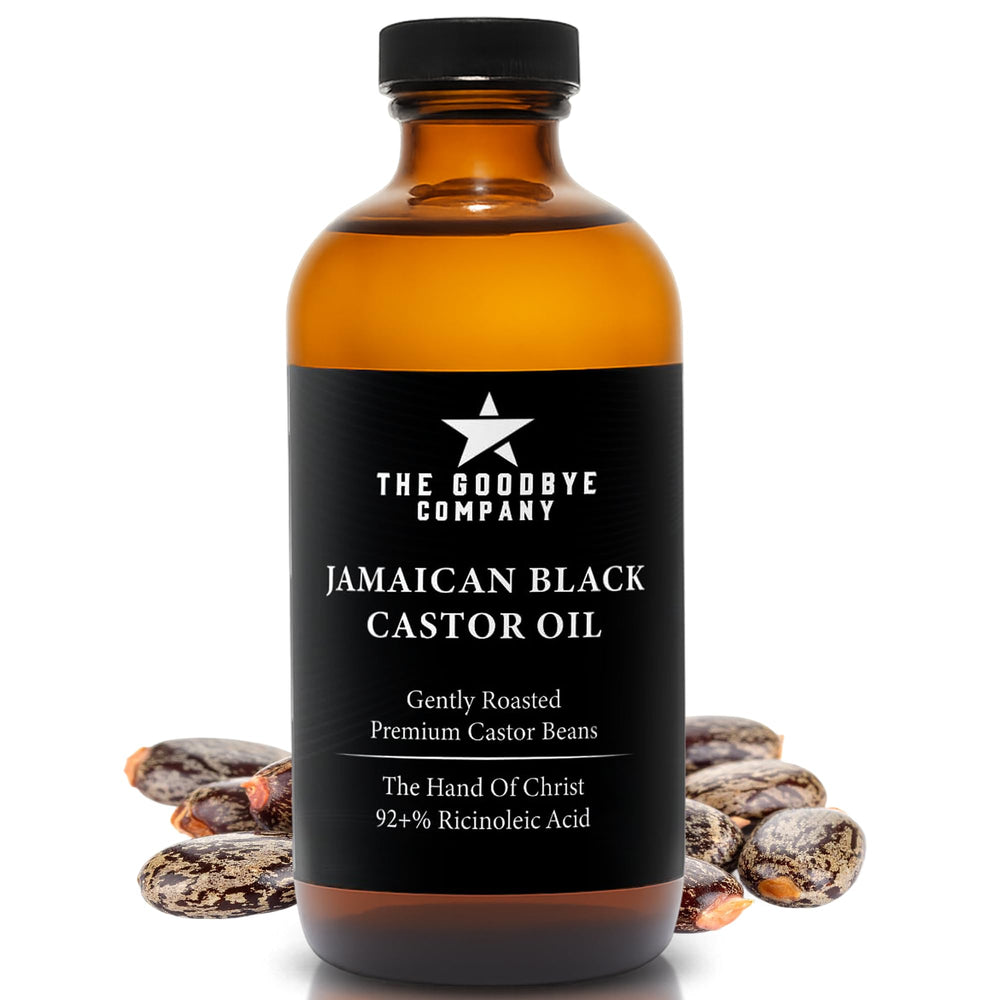 The Goodbye Company black castor oil bottle 450ml for scalp and lash nourishment.